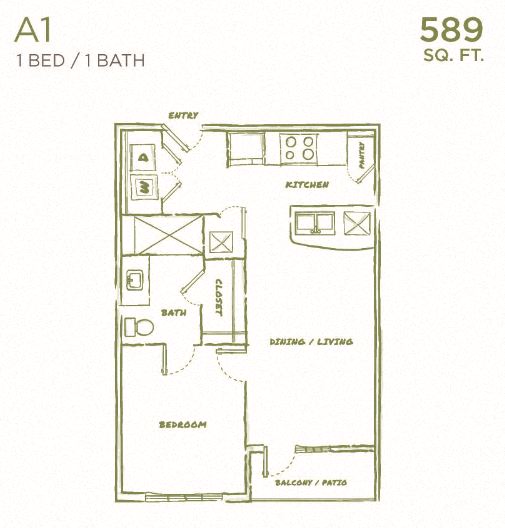 Floor plan for 1 bed, 1 bath, 589 sqft